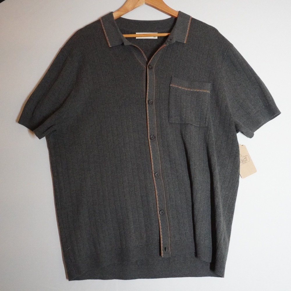 Mutual Weave Gray Ribbed Knit Short Sleeve Button Down Camp Shirt L Euro Retro